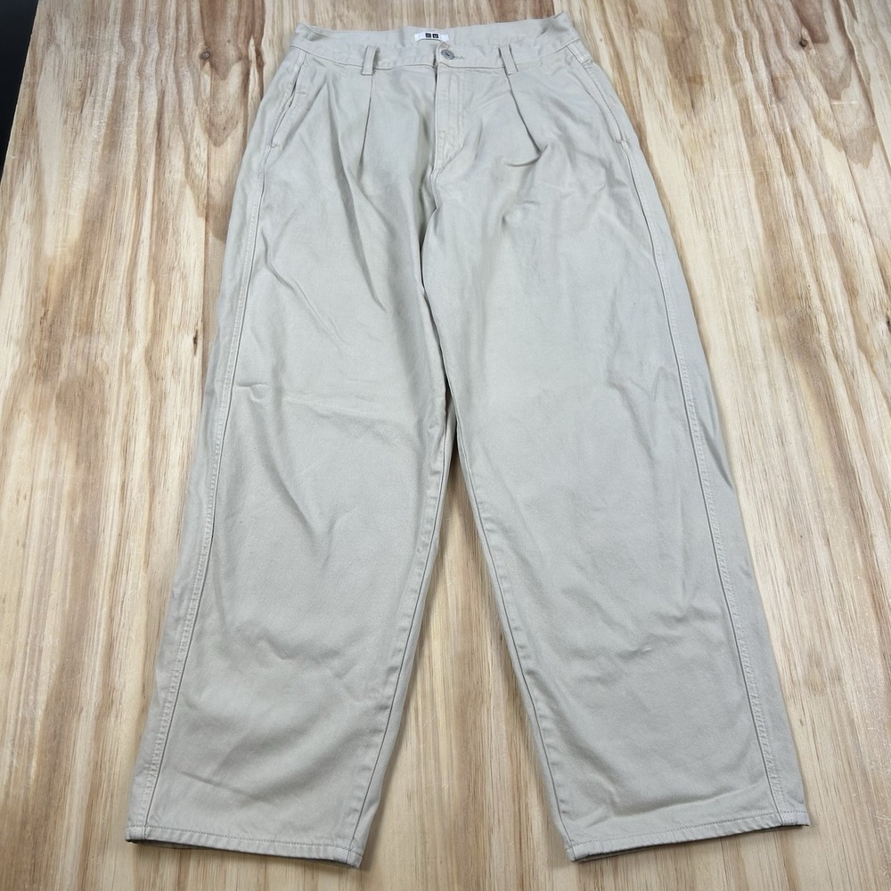 Uniqlo Men's 29x28 Wide Leg Baggy Pleated Jeans Beige Relaxed Streetwear